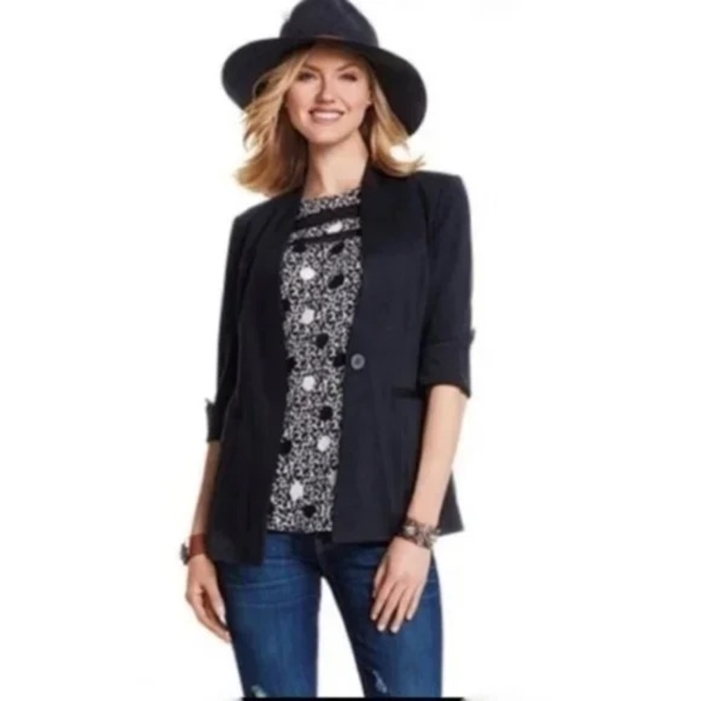 CAbi Turner Ponte Knit Black Blazer Jacket Single Button Angled Cuffs Pockets